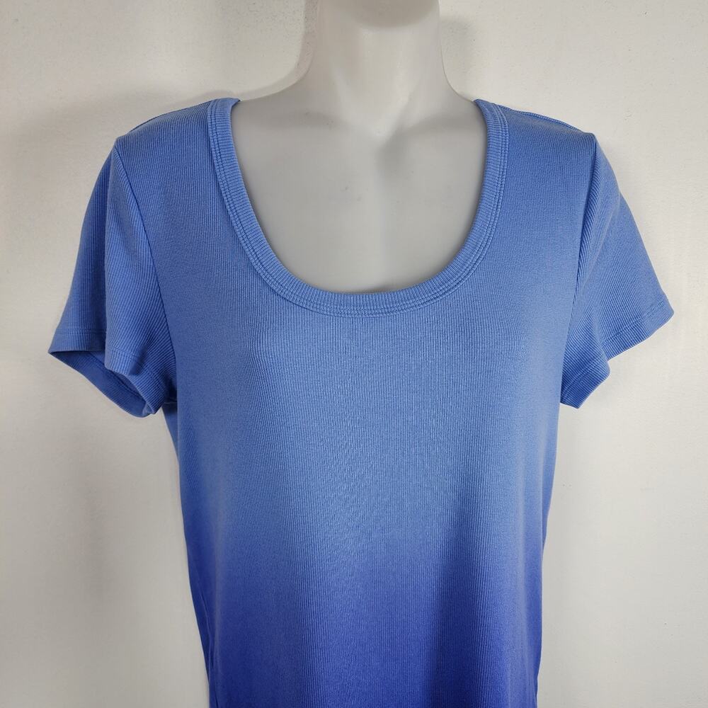 Talbots Womens Ribbed Scoop Neck Tee Dip Dye Ombre Blue Size Large Short Sleeve - Picture 3 of 7